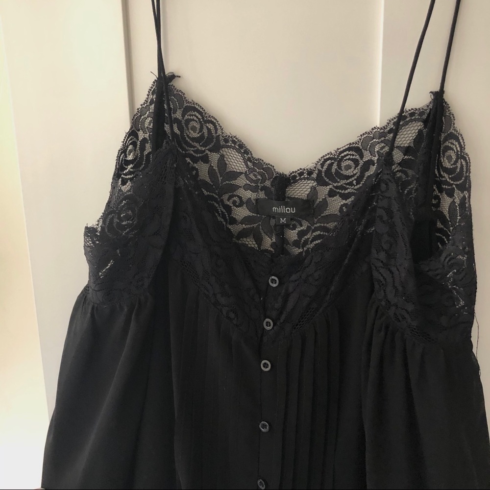Black lace and chiffon spaghetti strap tank top